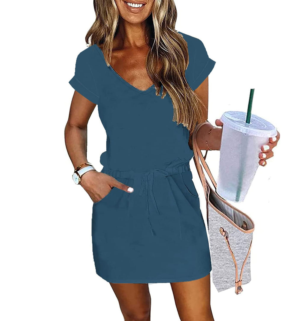 Womens Summer Dress Lantern Sleeve Square Neck Tie Front A-Line Double Layer Hem Mini Dresses