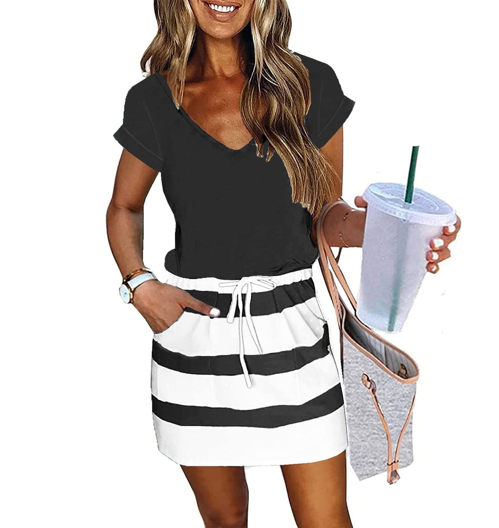 Womens Summer Dress Lantern Sleeve Square Neck Tie Front A-Line Double Layer Hem Mini Dresses