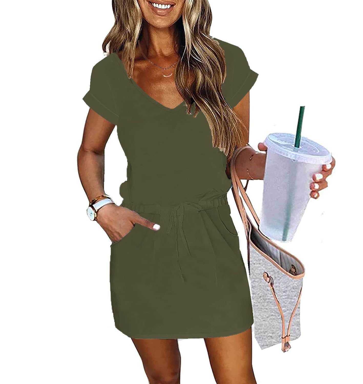 Womens Summer Dress Lantern Sleeve Square Neck Tie Front A-Line Double Layer Hem Mini Dresses