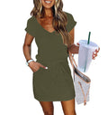 Womens Summer Dress Lantern Sleeve Square Neck Tie Front A-Line Double Layer Hem Mini Dresses
