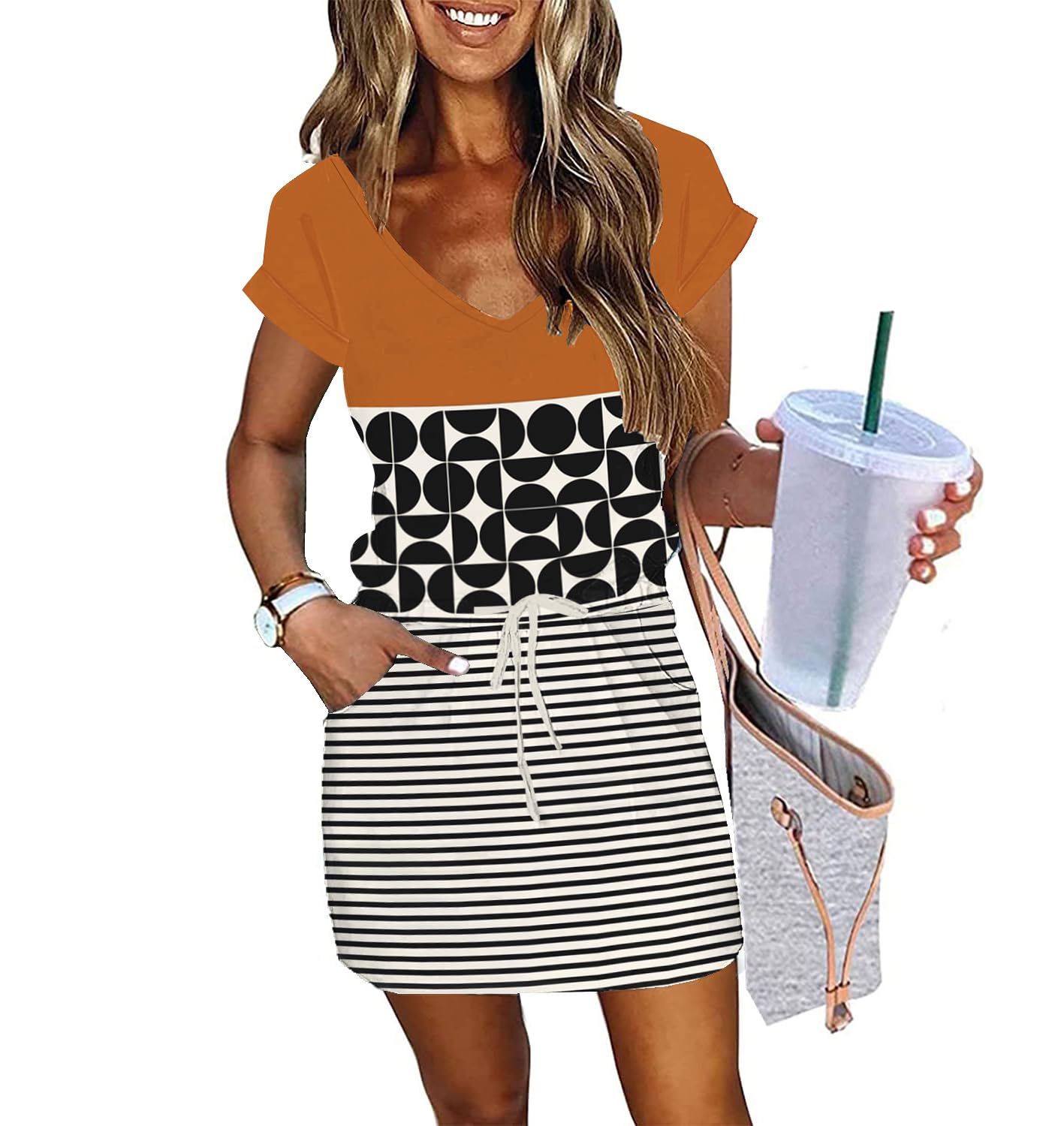 Womens Summer Dress Lantern Sleeve Square Neck Tie Front A-Line Double Layer Hem Mini Dresses