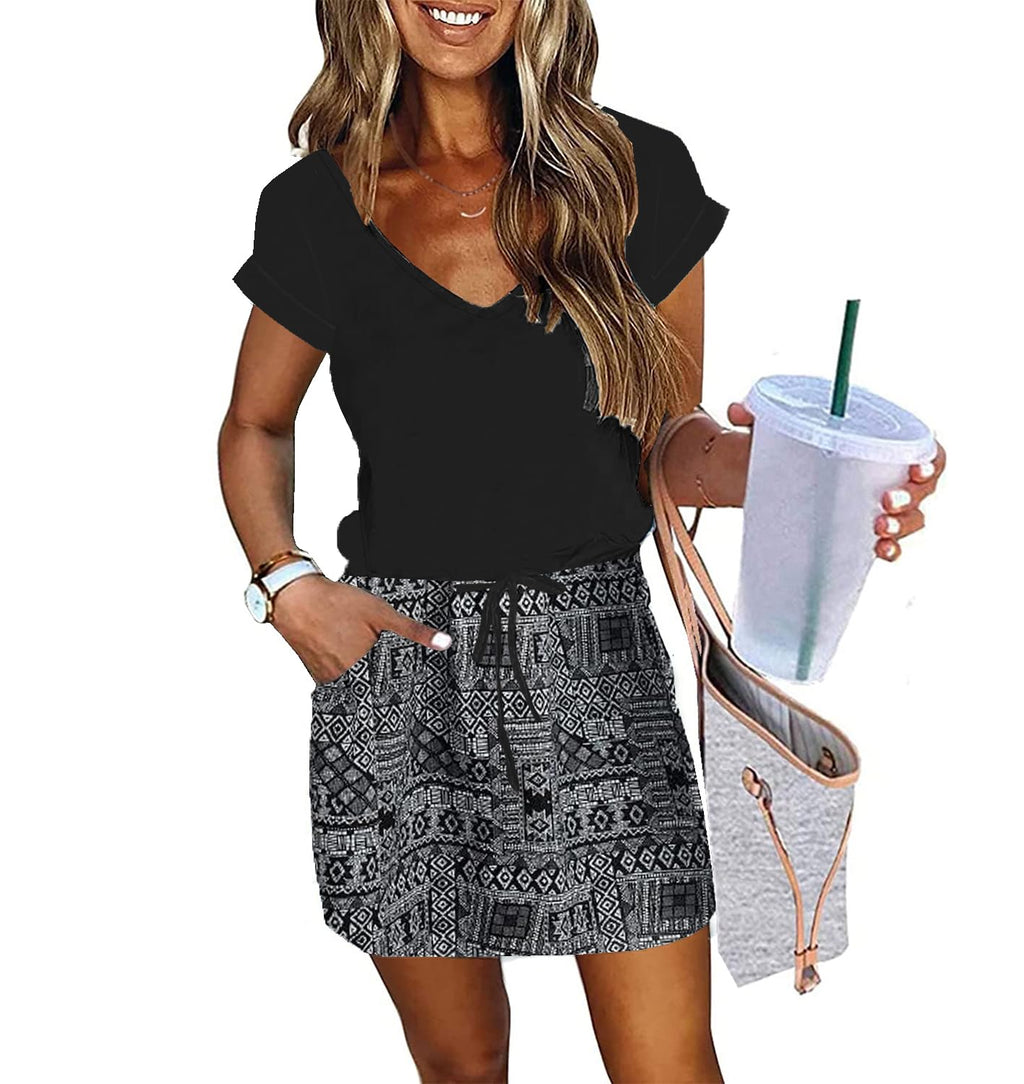 Womens Summer Dress Lantern Sleeve Square Neck Tie Front A-Line Double Layer Hem Mini Dresses