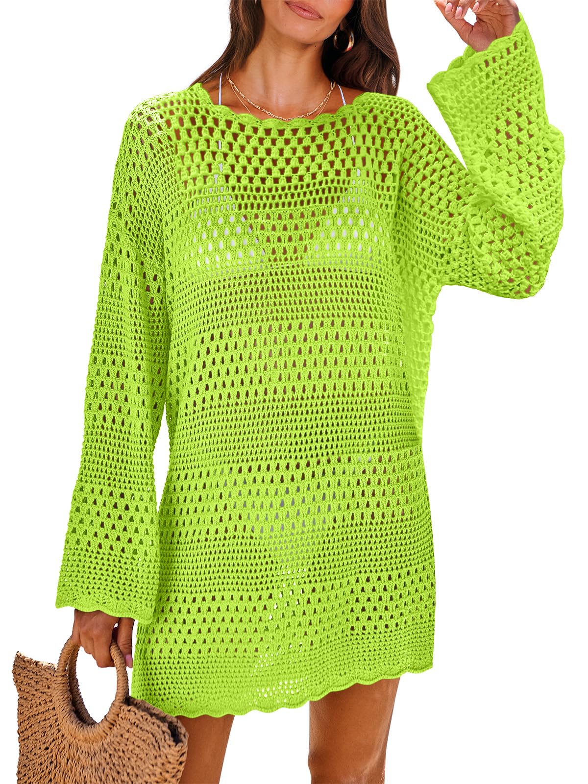 ANRABESS Women Swimsuit Crochet Swim Cover Up 2026 Summer Bathing Suit Swimwear Mesh Knit Beach Dress Vacation Outfits