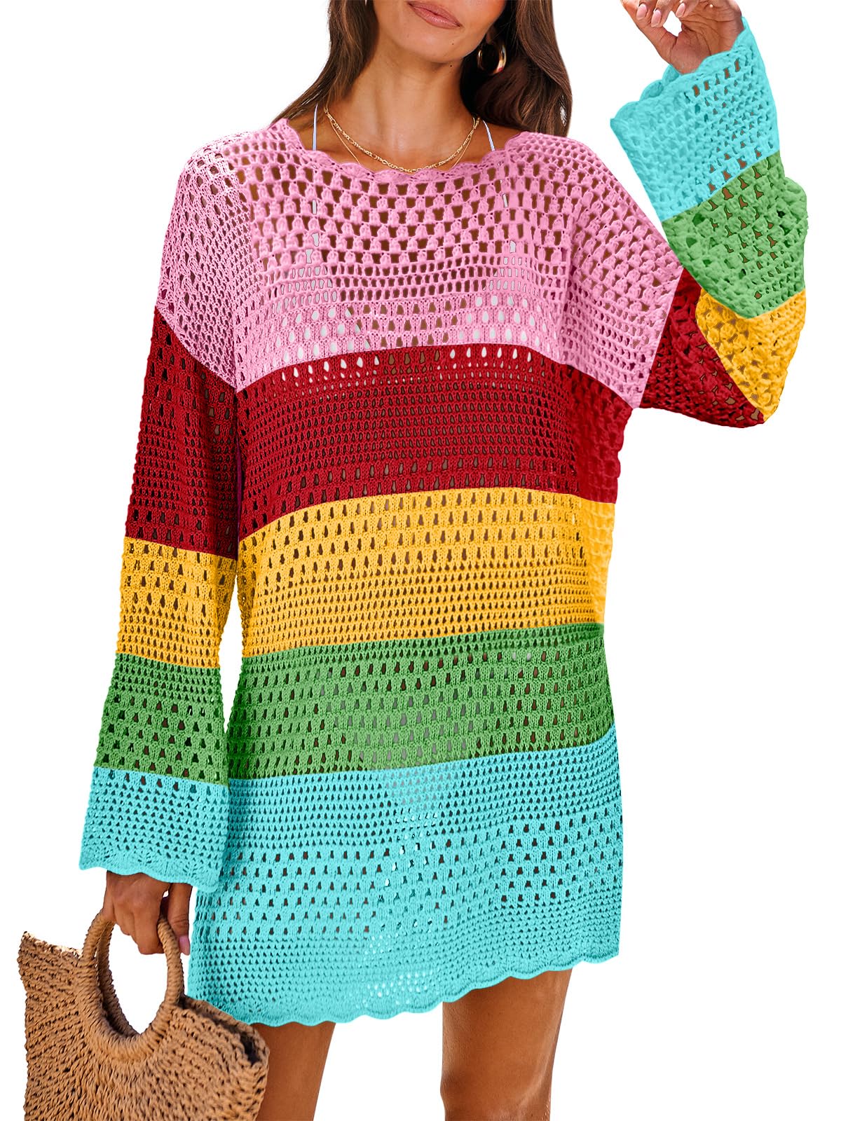 ANRABESS Women Swimsuit Crochet Swim Cover Up 2026 Summer Bathing Suit Swimwear Mesh Knit Beach Dress Vacation Outfits