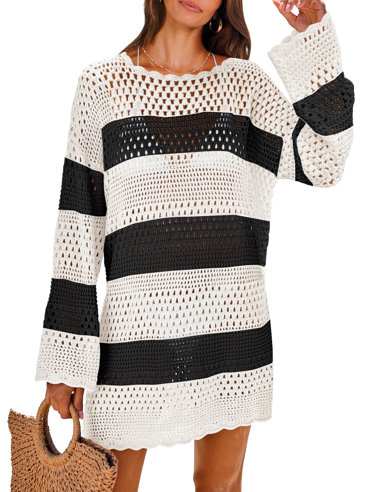 ANRABESS Women Swimsuit Crochet Swim Cover Up 2026 Summer Bathing Suit Swimwear Mesh Knit Beach Dress Vacation Outfits