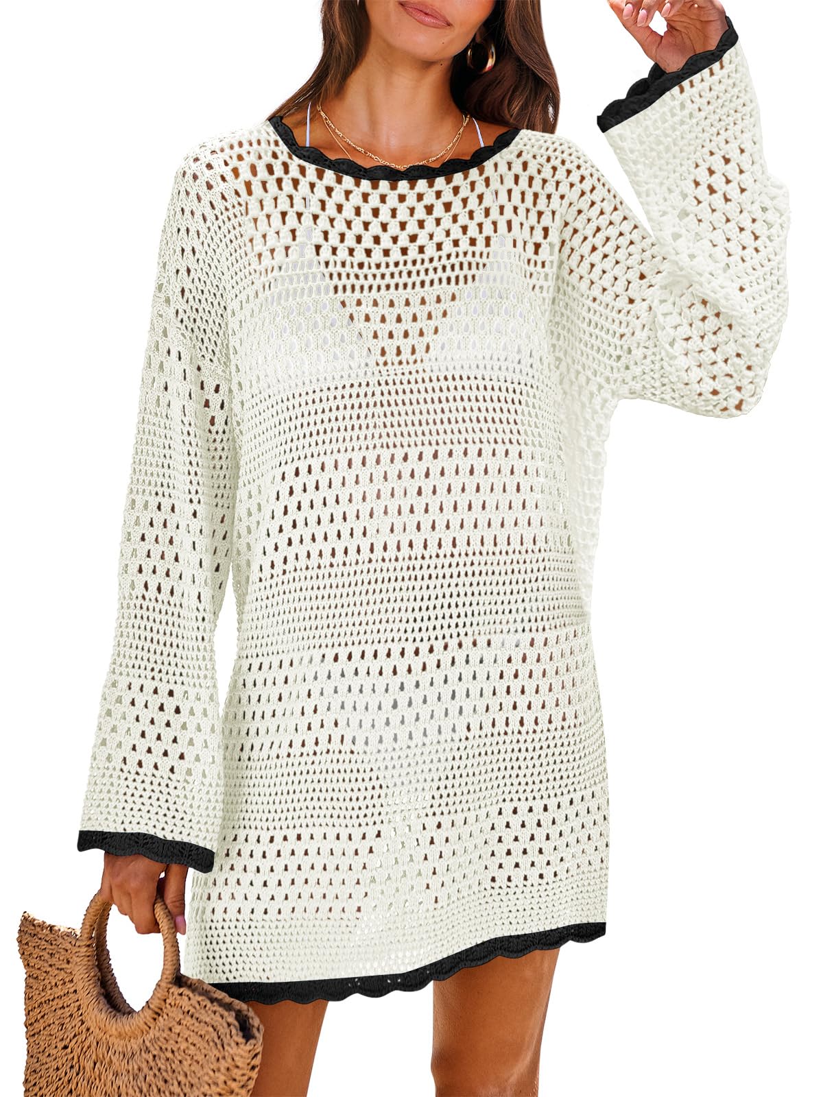 ANRABESS Women Swimsuit Crochet Swim Cover Up 2026 Summer Bathing Suit Swimwear Mesh Knit Beach Dress Vacation Outfits