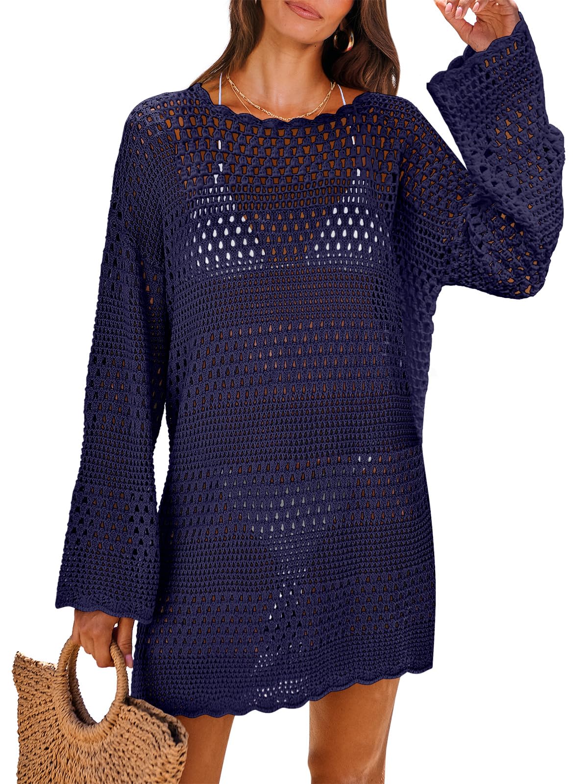 ANRABESS Women Swimsuit Crochet Swim Cover Up 2026 Summer Bathing Suit Swimwear Mesh Knit Beach Dress Vacation Outfits