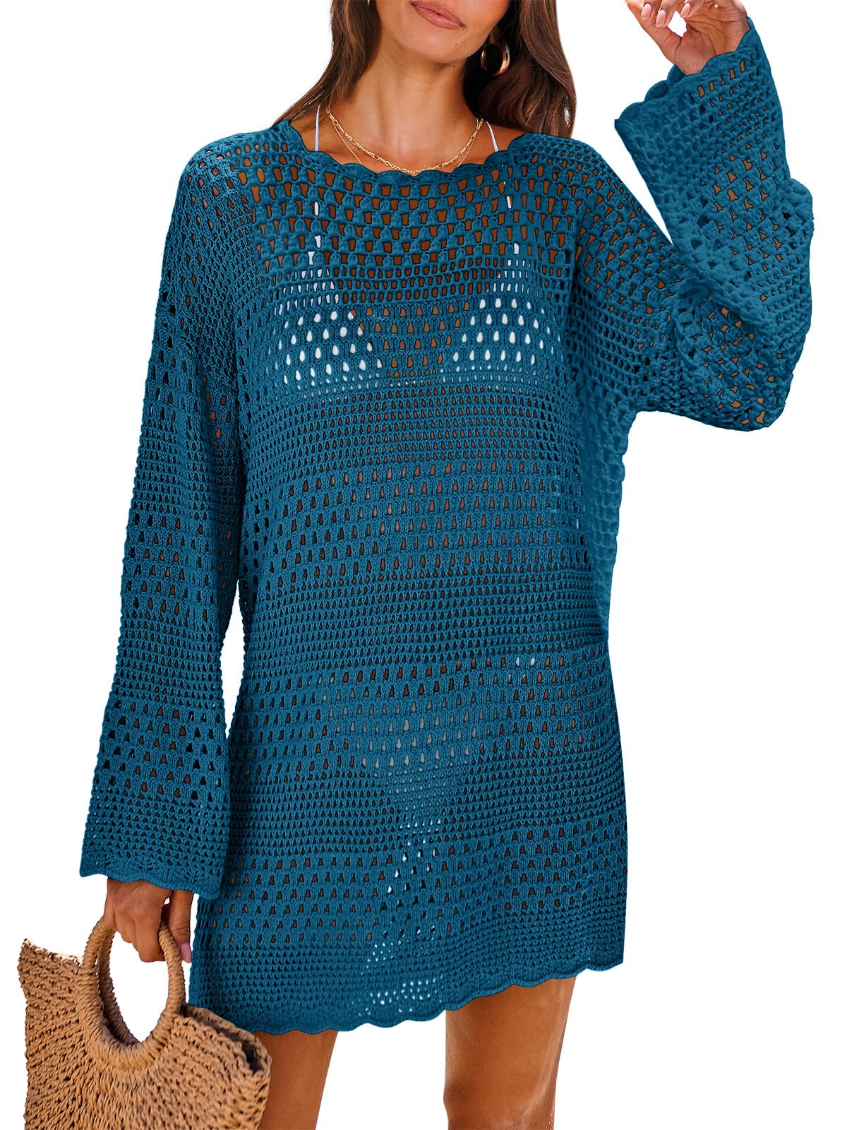 ANRABESS Women Swimsuit Crochet Swim Cover Up 2026 Summer Bathing Suit Swimwear Mesh Knit Beach Dress Vacation Outfits