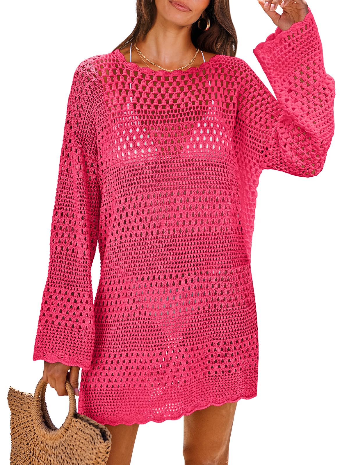 ANRABESS Women Swimsuit Crochet Swim Cover Up 2026 Summer Bathing Suit Swimwear Mesh Knit Beach Dress Vacation Outfits