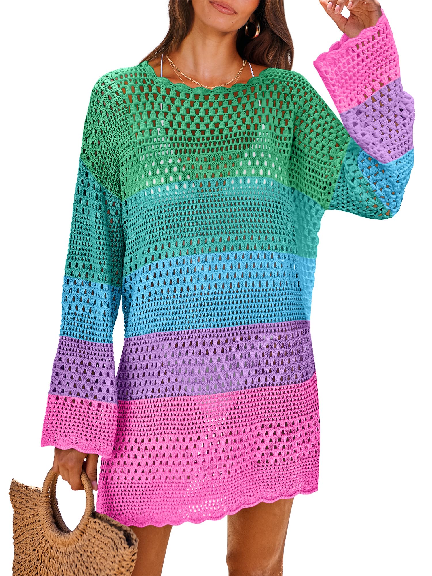 ANRABESS Women Swimsuit Crochet Swim Cover Up 2026 Summer Bathing Suit Swimwear Mesh Knit Beach Dress Vacation Outfits