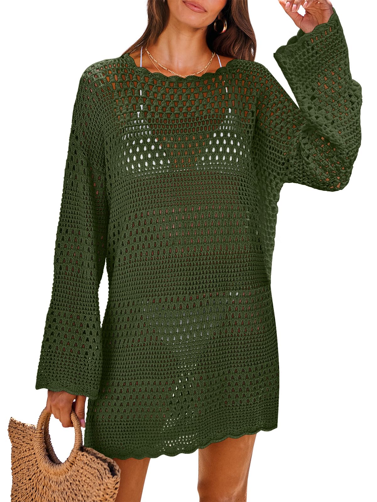 ANRABESS Women Swimsuit Crochet Swim Cover Up 2026 Summer Bathing Suit Swimwear Mesh Knit Beach Dress Vacation Outfits