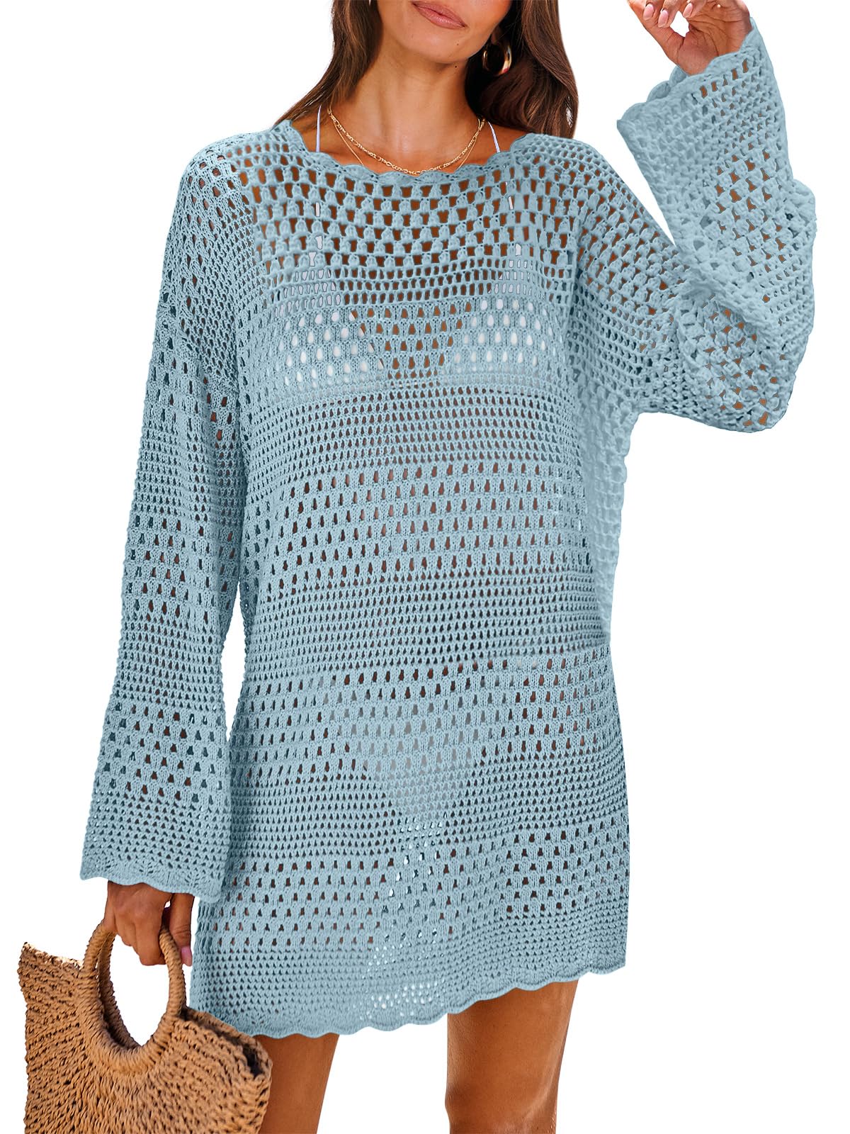 ANRABESS Women Swimsuit Crochet Swim Cover Up 2026 Summer Bathing Suit Swimwear Mesh Knit Beach Dress Vacation Outfits