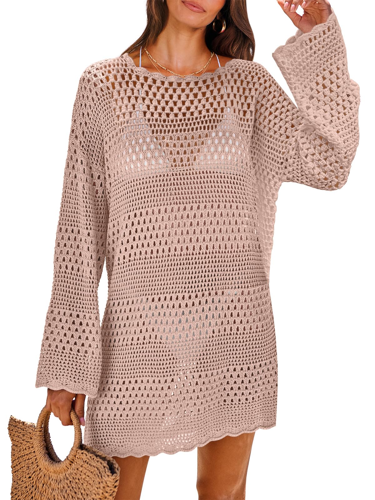 ANRABESS Women Swimsuit Crochet Swim Cover Up 2026 Summer Bathing Suit Swimwear Mesh Knit Beach Dress Vacation Outfits