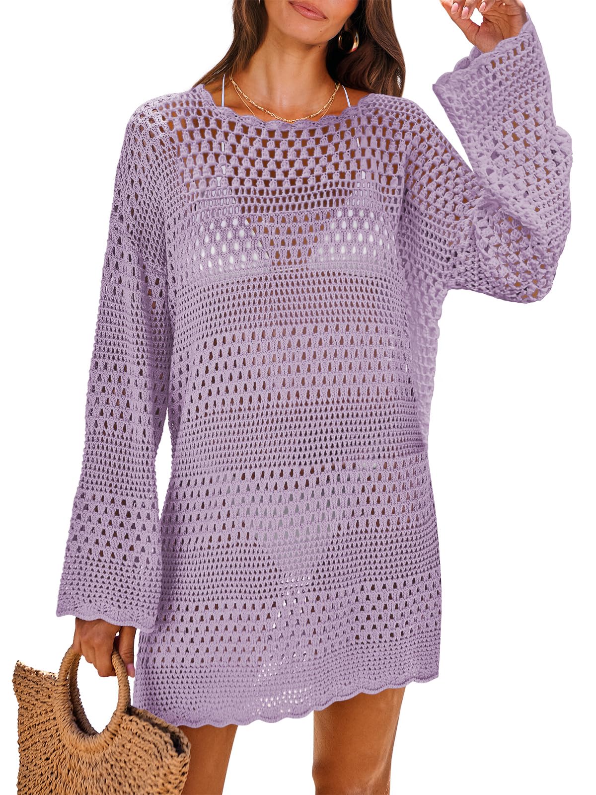 ANRABESS Women Swimsuit Crochet Swim Cover Up 2026 Summer Bathing Suit Swimwear Mesh Knit Beach Dress Vacation Outfits