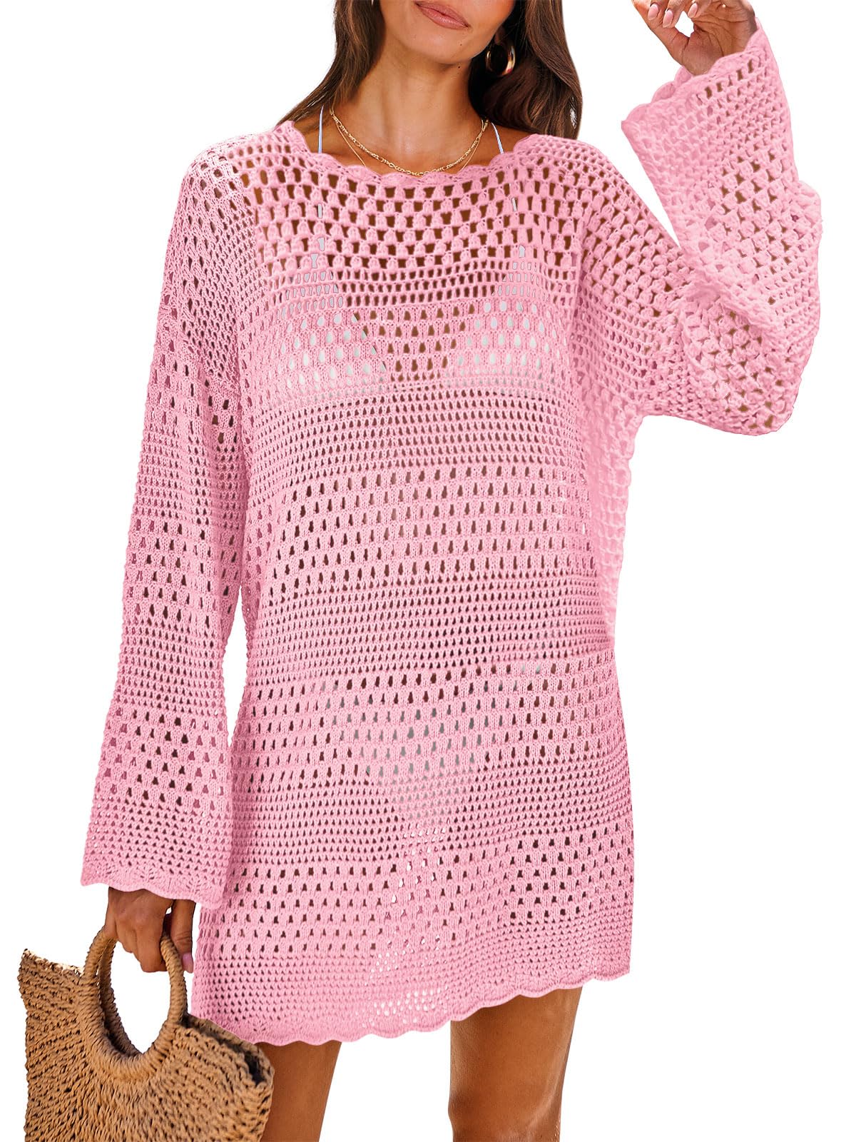 ANRABESS Women Swimsuit Crochet Swim Cover Up 2026 Summer Bathing Suit Swimwear Mesh Knit Beach Dress Vacation Outfits