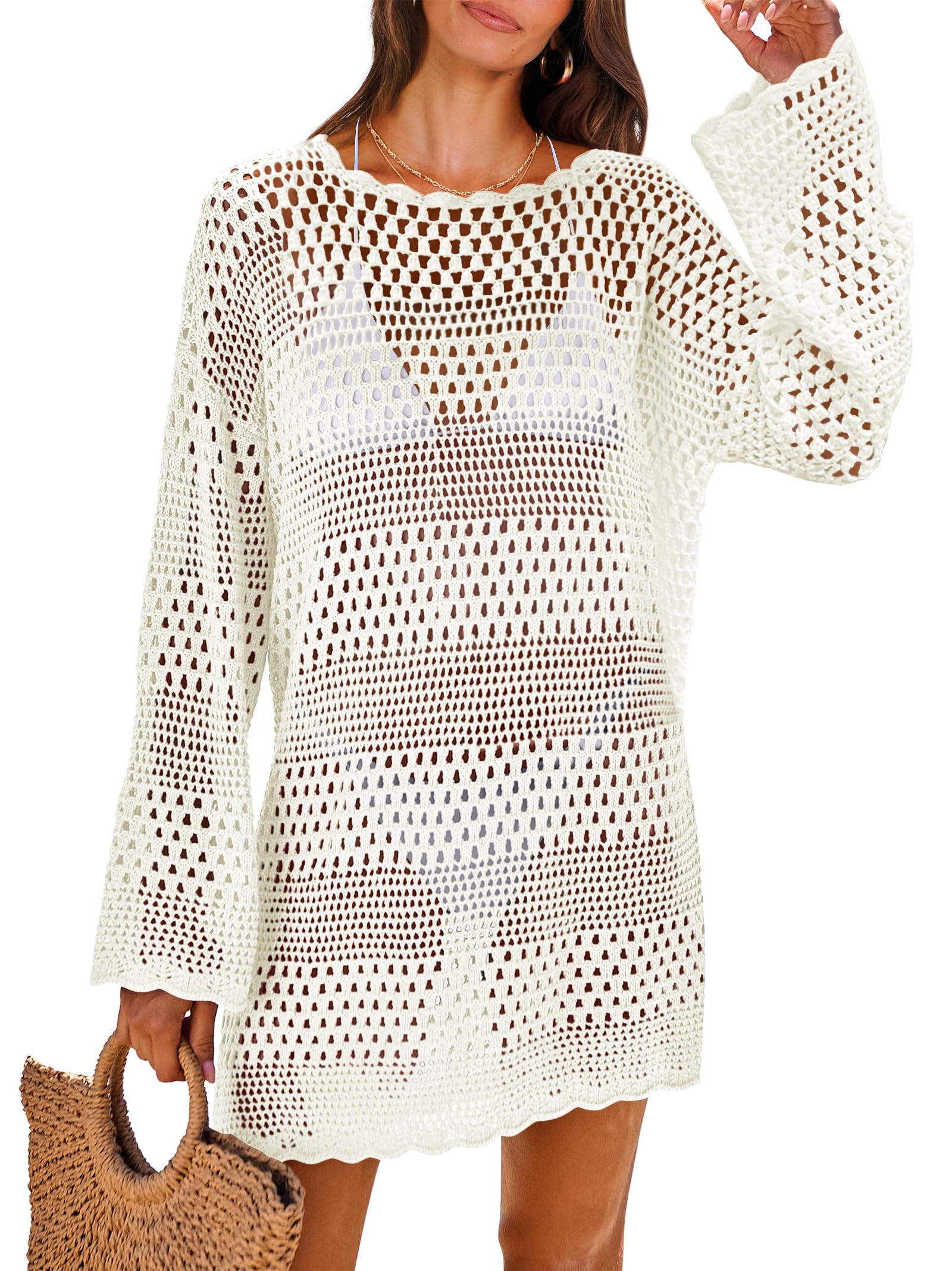 ANRABESS Women Swimsuit Crochet Swim Cover Up 2026 Summer Bathing Suit Swimwear Mesh Knit Beach Dress Vacation Outfits