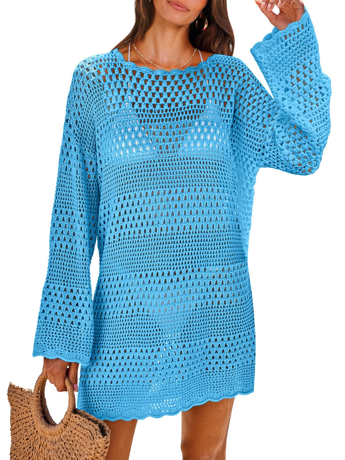 ANRABESS Women Swimsuit Crochet Swim Cover Up 2026 Summer Bathing Suit Swimwear Mesh Knit Beach Dress Vacation Outfits