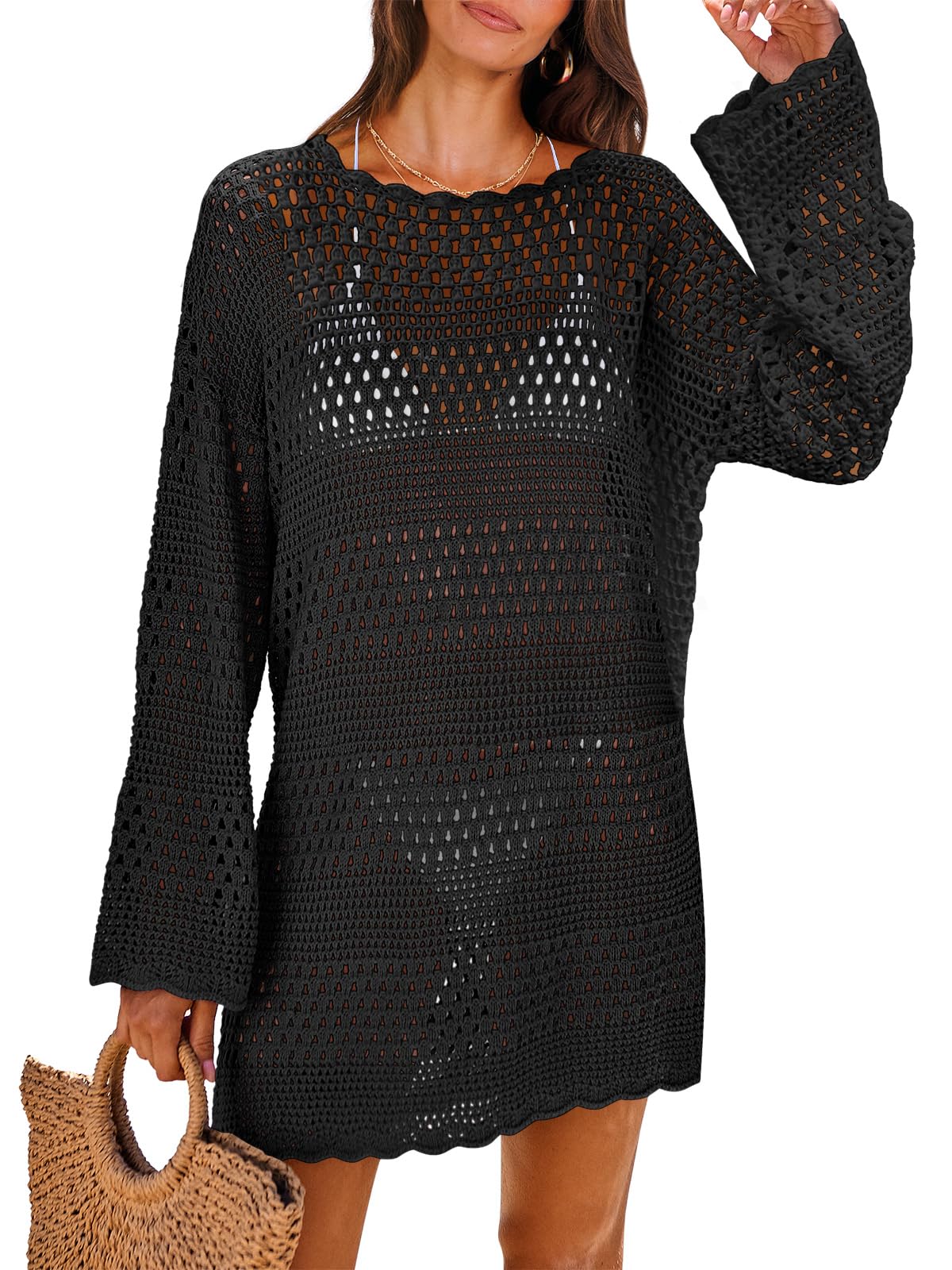 ANRABESS Women Swimsuit Crochet Swim Cover Up 2026 Summer Bathing Suit Swimwear Mesh Knit Beach Dress Vacation Outfits