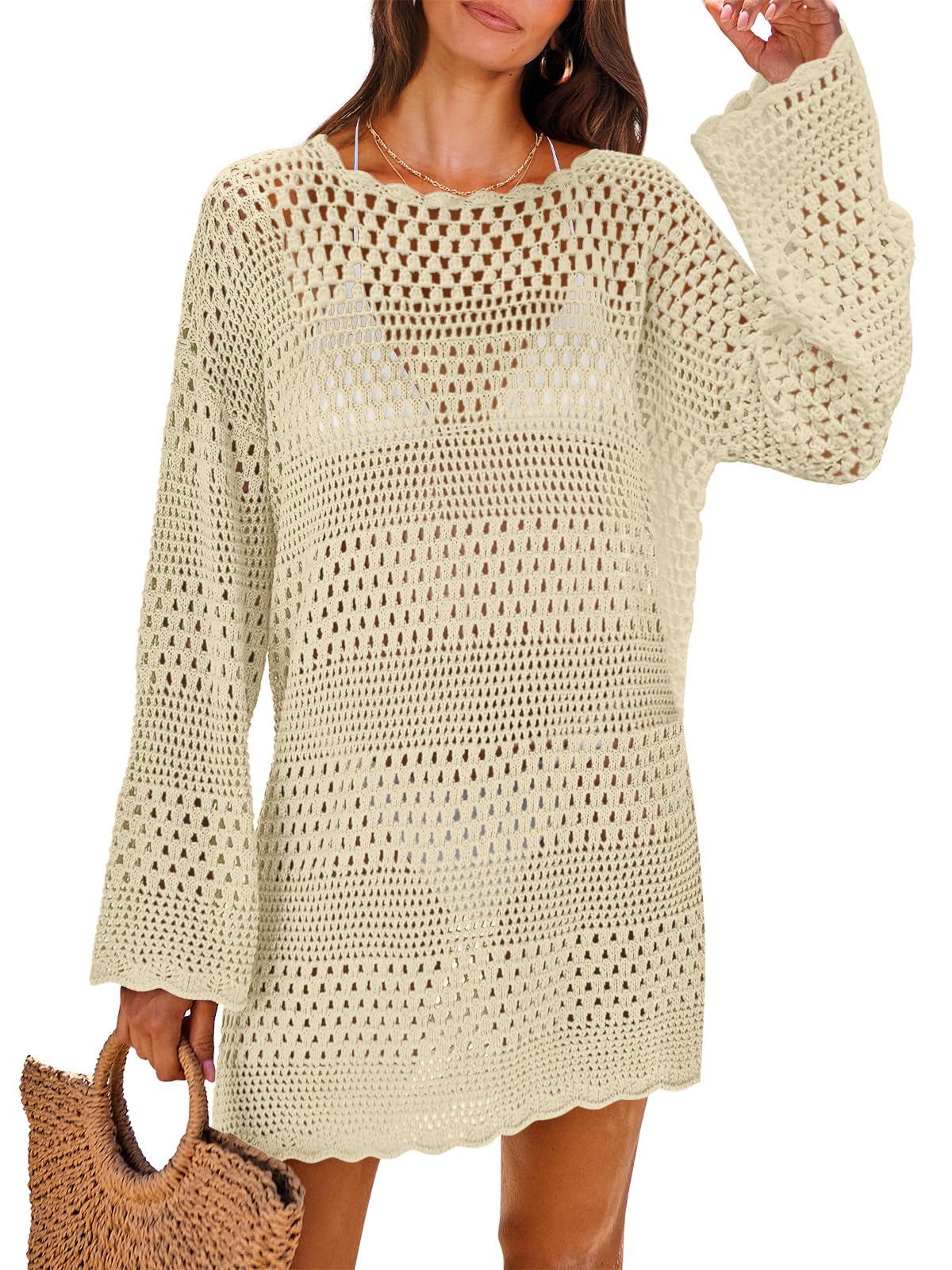 ANRABESS Women Swimsuit Crochet Swim Cover Up 2026 Summer Bathing Suit Swimwear Mesh Knit Beach Dress Vacation Outfits