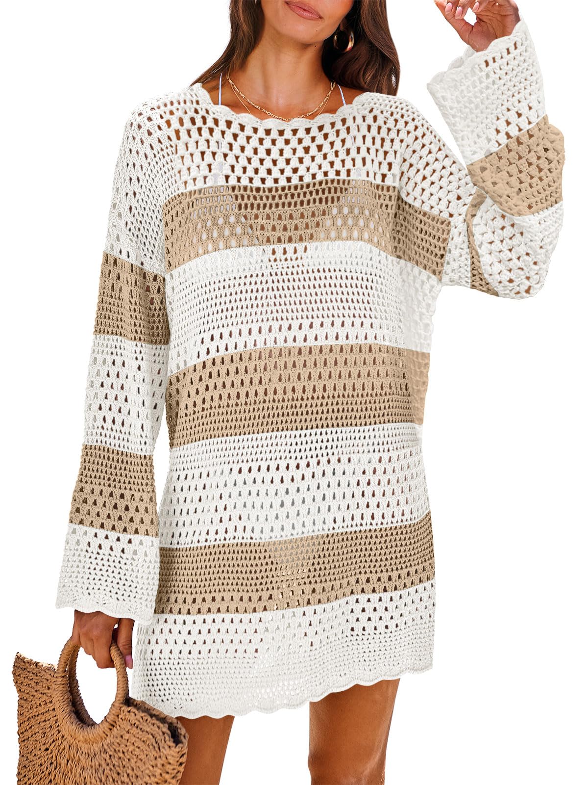 ANRABESS Women Swimsuit Crochet Swim Cover Up 2026 Summer Bathing Suit Swimwear Mesh Knit Beach Dress Vacation Outfits