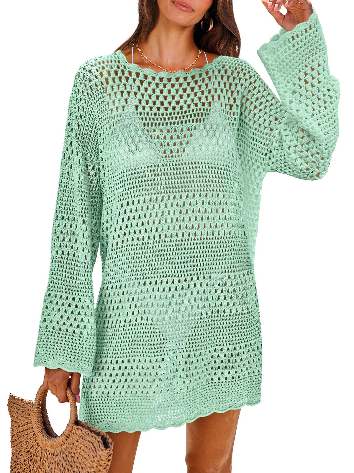ANRABESS Women Swimsuit Crochet Swim Cover Up 2026 Summer Bathing Suit Swimwear Mesh Knit Beach Dress Vacation Outfits