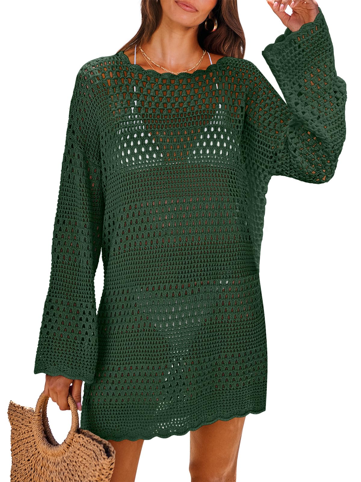 ANRABESS Women Swimsuit Crochet Swim Cover Up 2026 Summer Bathing Suit Swimwear Mesh Knit Beach Dress Vacation Outfits