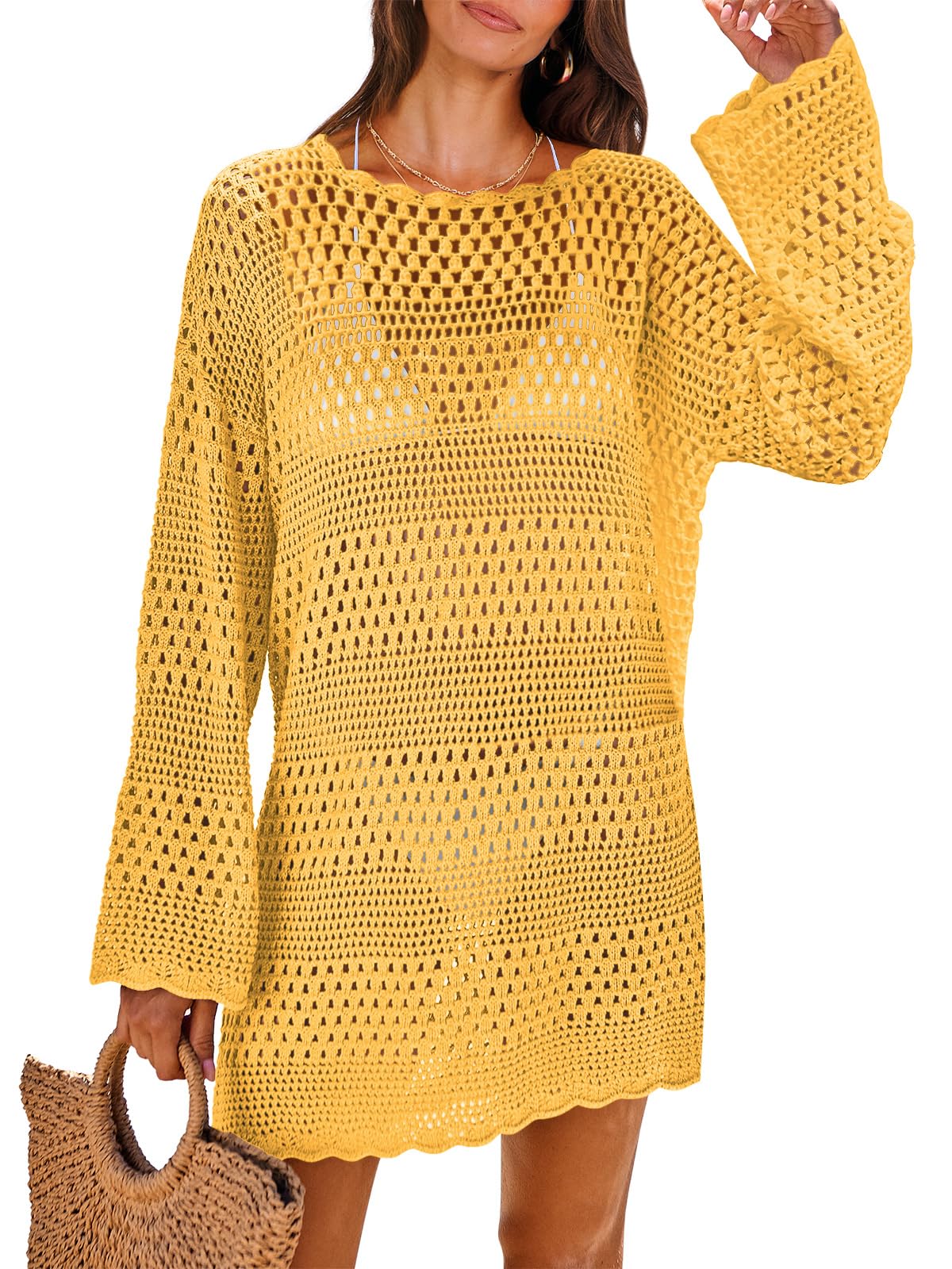 ANRABESS Women Swimsuit Crochet Swim Cover Up 2026 Summer Bathing Suit Swimwear Mesh Knit Beach Dress Vacation Outfits