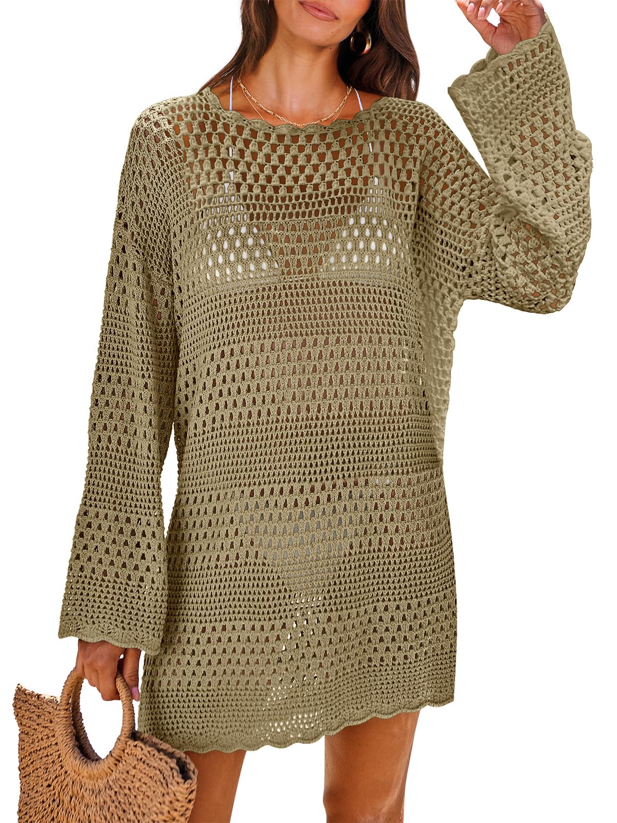 ANRABESS Women Swimsuit Crochet Swim Cover Up 2026 Summer Bathing Suit Swimwear Mesh Knit Beach Dress Vacation Outfits