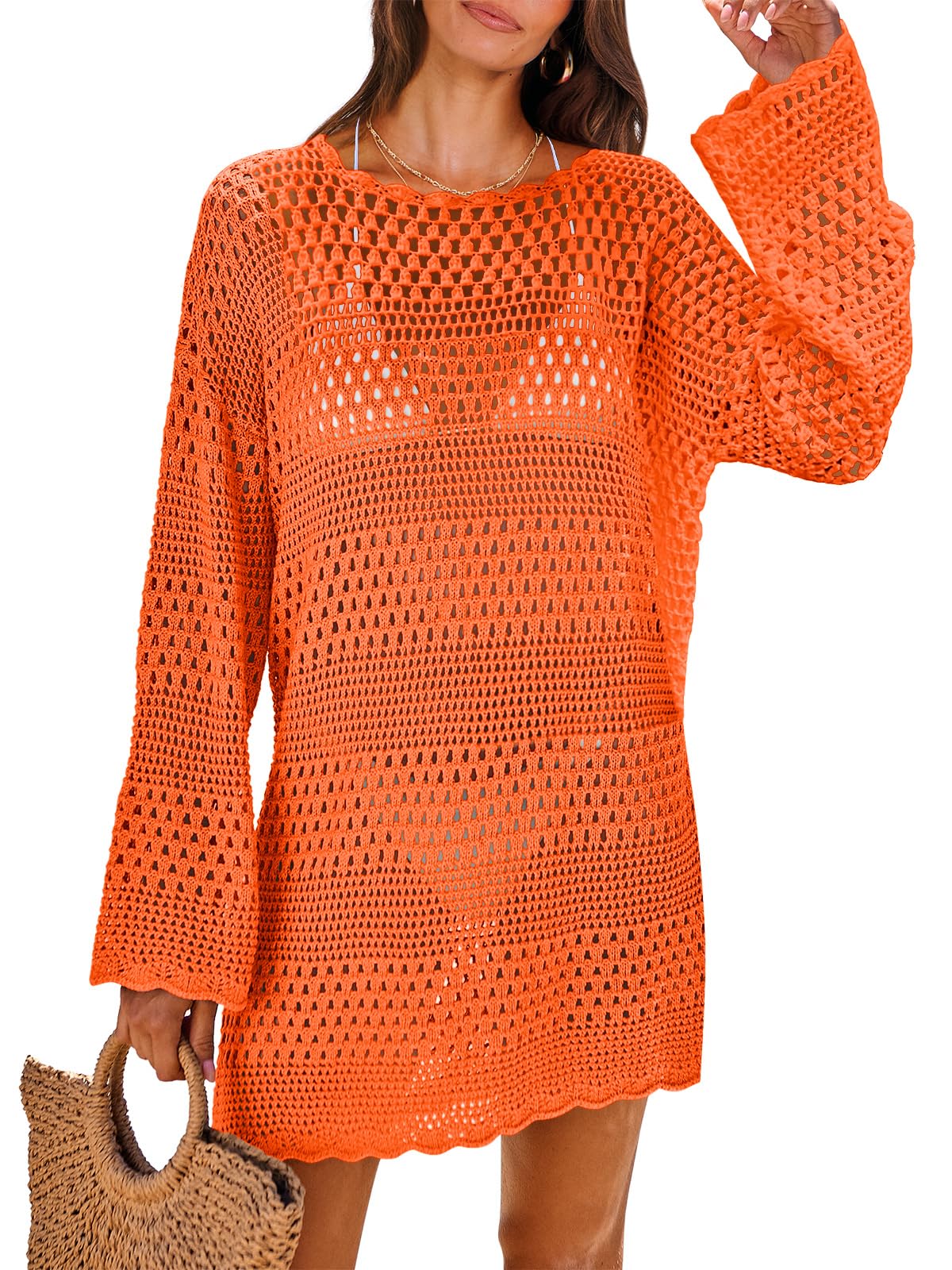 ANRABESS Women Swimsuit Crochet Swim Cover Up 2026 Summer Bathing Suit Swimwear Mesh Knit Beach Dress Vacation Outfits